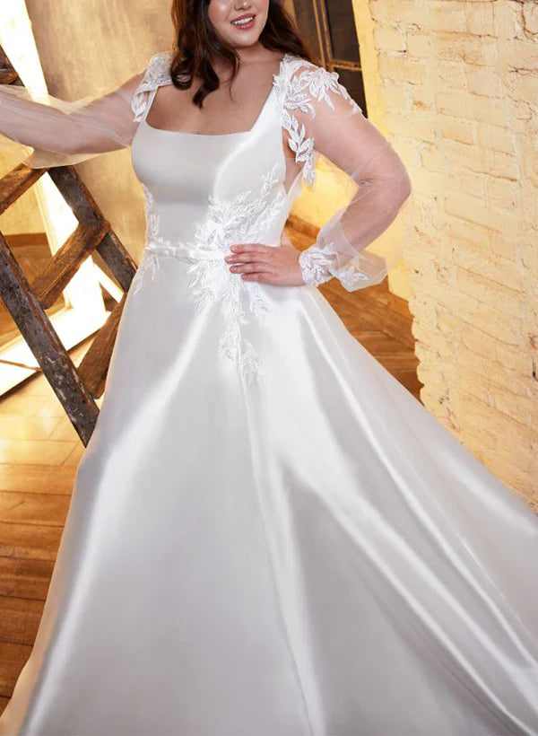 Luolandi Square Neckline A-Line Wedding Dress With Long Sleeves In Lace/Satin Floor Length