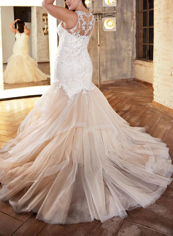Luolandi Illusion Neck Lace/Tulle Wedding Dresses Trumpet/Mermaid Sleeveless Floor Length with Appliques