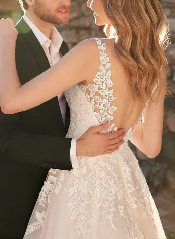 Luolandi Lace Ball-Gown Wedding Dresses Featuring Tulle V-neck Open Back Floor Length with Appliques