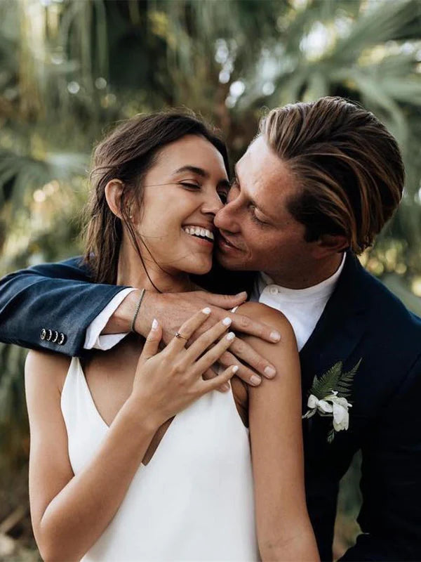 Luolandi Simple Spaghetti Straps Satin Sheath Wedding Dresses With Sweep Train Solid Color Bridal Gown