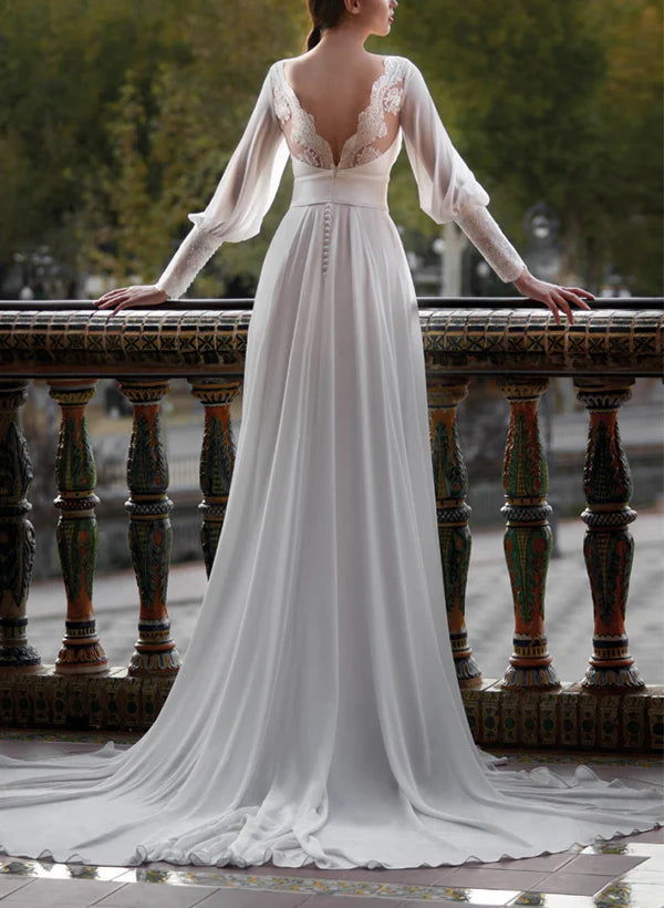 Luolandi Illusion Neck A-Line Wedding Dresses With Long Sleeves And Split Front Floor Length Sexy