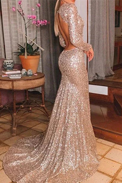 Luolandi Mermaid Sequin V-Neck Sweep Train Long Sleeve Prom Dresses Sparkly Evening Dress