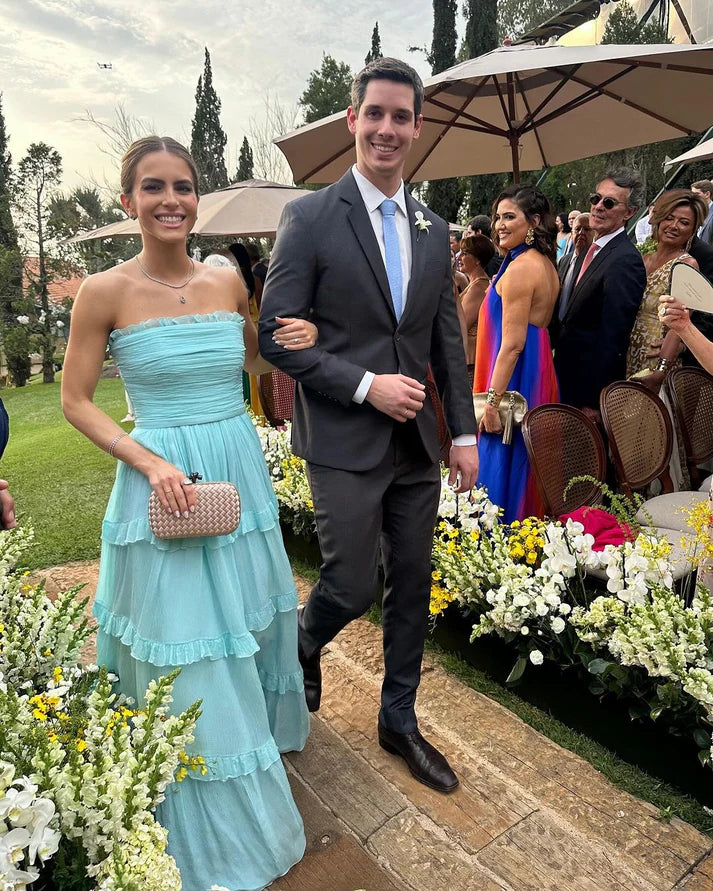 Luolandi Strapless A Line Blue Long Prom Dress Ruffle Party Dress Wedding Guest Dress