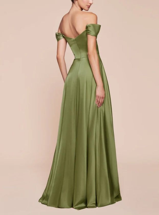 Luolandi Off-Shoulder Satin A-Line Bridesmaid Dress With Side Slit Elegant Evening Party Dress