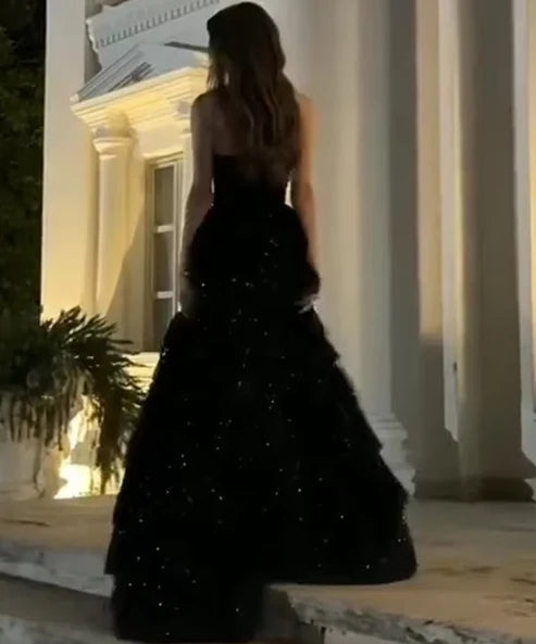 Luolandi Dress Multi-layer Shiny Elegant Evening Dress for Women Luxury Party Dress Black Prom Dress