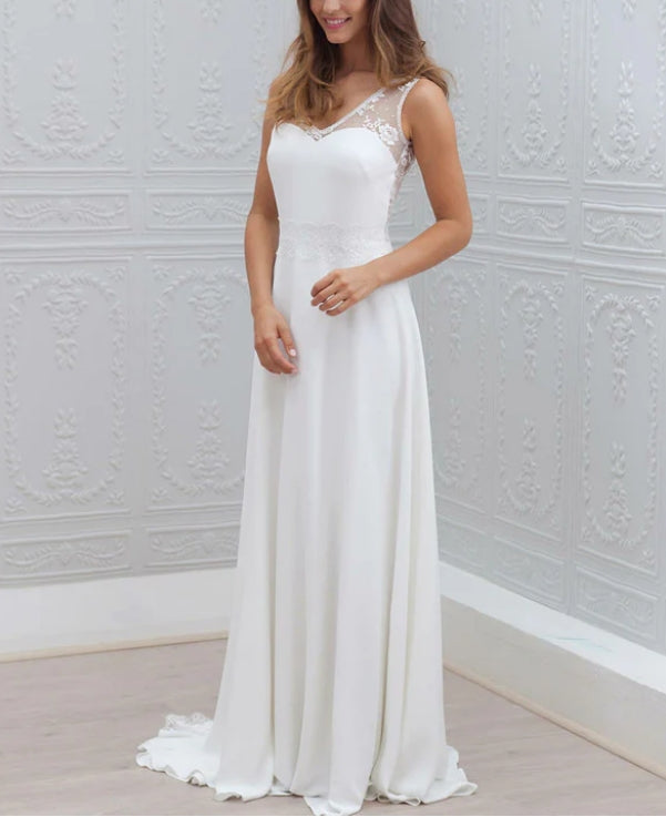 Luolandi Simple Chiffon V-neck Neckline A-line Wedding Dresses With Appliqued Elegant Bridal Gown