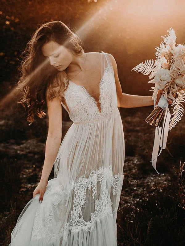 Luolandi Fabulous Tulle Illusion V-neck A-line Backless Wedding Gowns Elegant Wedding Dresses