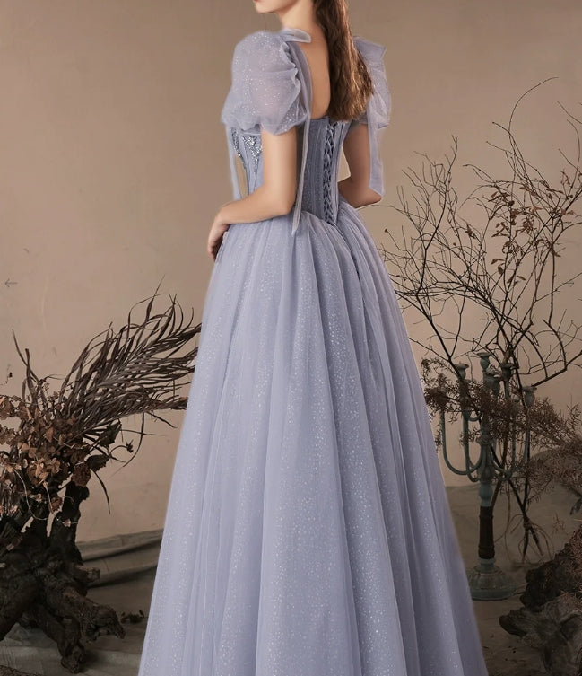 Luolandi A-Line Sweetheart Neck Tulle Beads Blue Long Prom Dress Evening Dress Sparkly Formal Dress