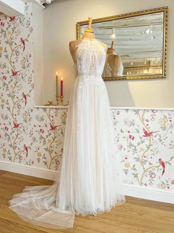 Luolandi A Line Delicated Lace Tulle Wedding Dresses See Through Halter Neck Bridal Dress Elegant