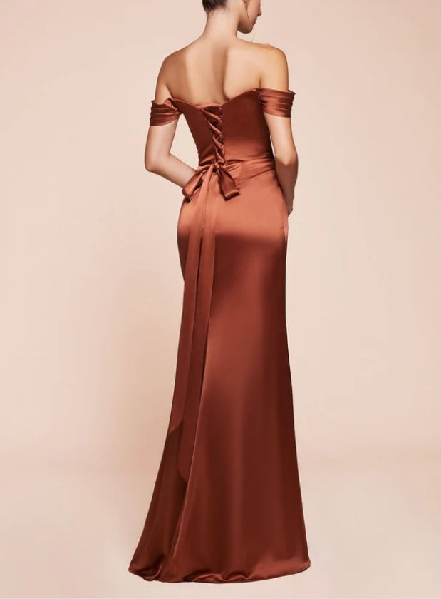 Luolandi Dress Off-Shoulder Satin Fitted Bridesmaid Dress With Side Slit Elegant Evening Party Dress