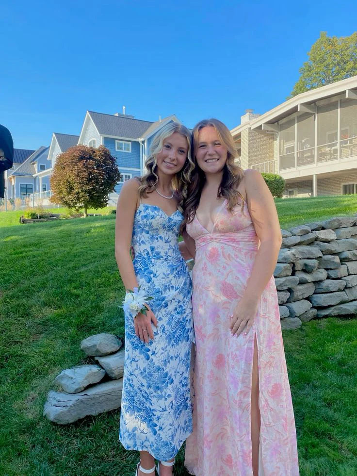 Luolandi Blue Straps Printed Sheath Party Dress Wedding Guest Dress Charming Evening Dress Formal Dress