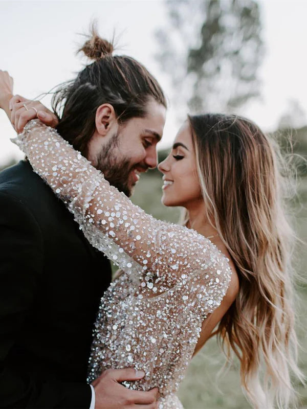 Luolandi Shining Wedding Dresses Illusion Long A-line Bridal Gowns Long Sleeves Floor Length Charming