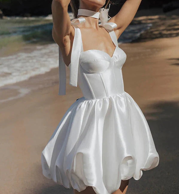 Luolandi Modern Sweetheart Sleeveless Satin Reception Wedding Dresses With Bow(s) Short Without Neck accessories