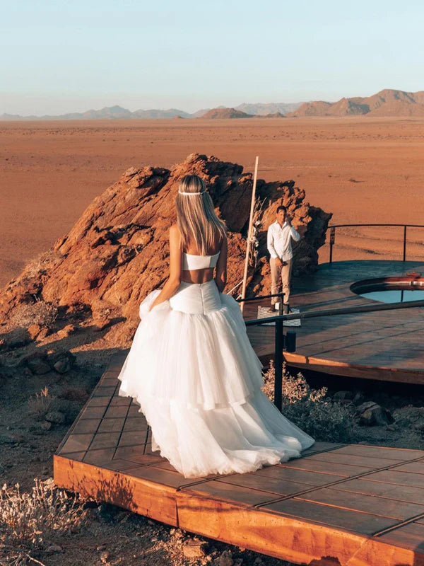 Luolandi Two-pieces A-line Tiered Tulle Strapless Sweep Train Wedding Dresses Off Shoulder Floor Length