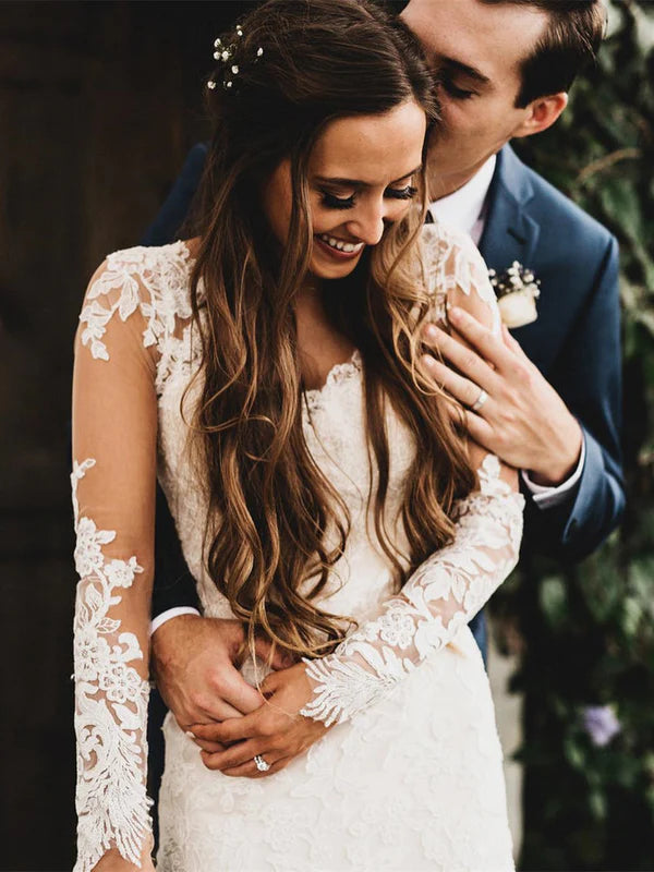 Luolandi Elegant Mermaid Wedding Dresses Long Sleeves Lace Bridal Gowns Open Back Beautiful