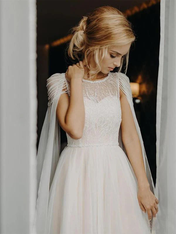 Luolandi Exquisite Tulle Wedding Dresses Long A-line Bridal Gowns With Pearls Charming Bridal Gown