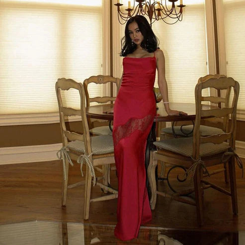 Luolandi Elegant Yellow Satin Lace Splicing Long Prom Dress Charming Evening Party Dress Formal Dress