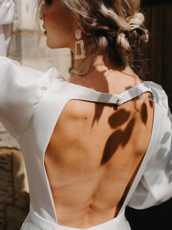 Luolandi Simple Slit V-Neck Backless Satin Chiffon Wedding Dresses A-line Long Sleeves Bridal Gown