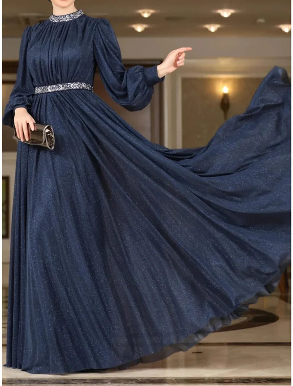 Luolandi A-Line Evening Gown Elegant Dress Formal Floor Length Long Sleeve Jewel Neck Lurex Fabric with Rhinestone Pleats Mother of the Bride Dress