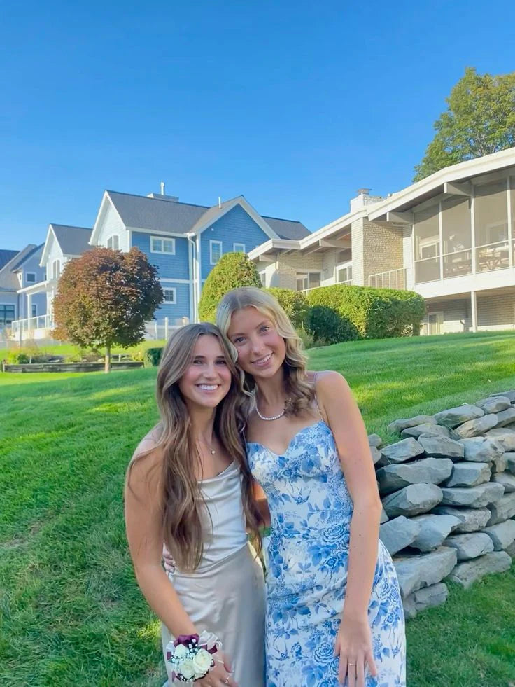 Luolandi Blue Straps Printed Sheath Party Dress Wedding Guest Dress Charming Evening Dress Formal Dress