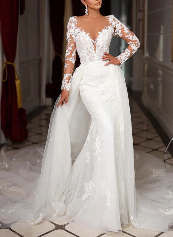 Luolandi Trumpet Mermaid Long Sleeves Tulle Wedding Dresses Appliques Lace Floor Length Elegant
