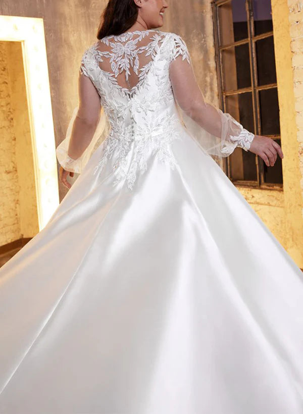 Luolandi Square Neckline A-Line Wedding Dress With Long Sleeves In Lace/Satin Floor Length