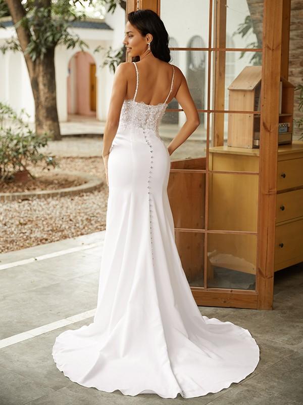 Luolandi Elegant Sheath/Column V-neck Sleeveless Sweep/Brush Train Wedding Dresses Charming Long Evening Dress With Slit