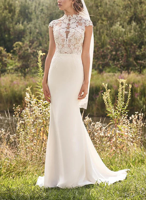 Luolandi High Neck Lace/ Satin Trumpet/Mermaid Wedding Dresses Floor Length Elegant