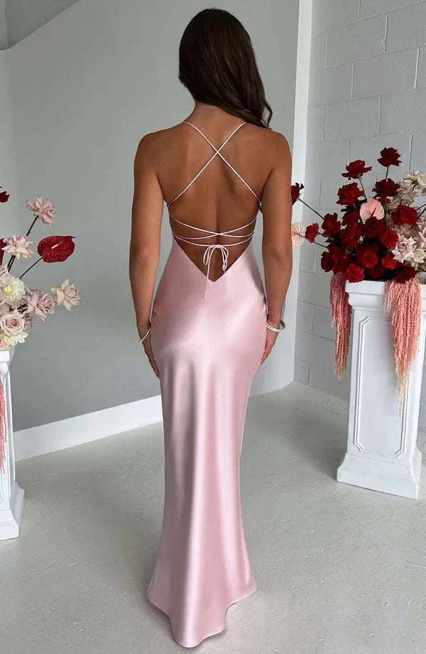 Luolandi Pink Bodycon Long Prom Dresses With Cross Back Simple Formal Party Dress