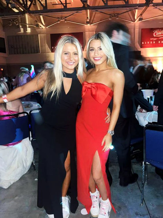 Luolandi Red Strapless Bow-knot Slit Prom Dresses Off Shoulder Charming Evening Party Dress