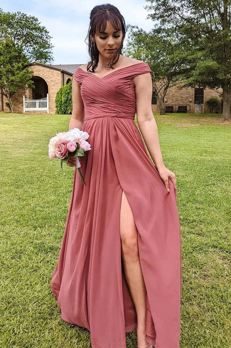Luolandi Chiffon Off-the-Shoulder Long Bridesmaid Dress with Slit Elegant Evening Party Dress