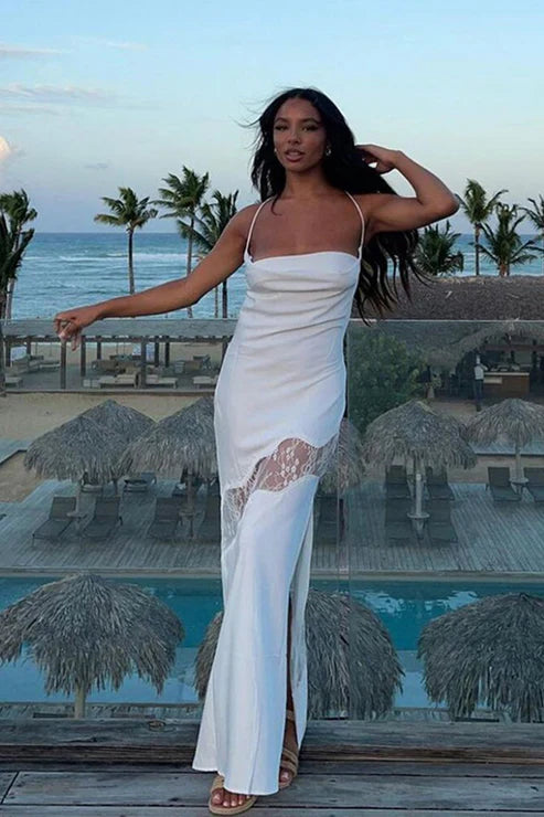 Luolandi Elegant Yellow Satin Lace Splicing Long Prom Dress Charming Evening Party Dress Formal Dress