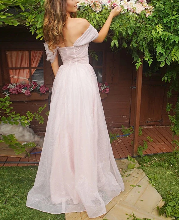 Luolandi Pale Pink Off The Shoulder Evening Dress Floor Length Elegant Prom Dress Sexy