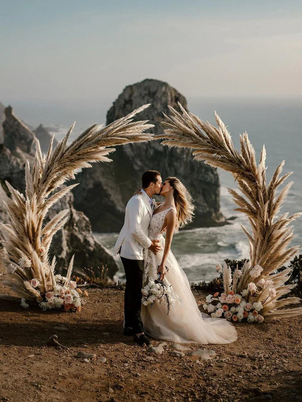 Luolandi Fabulous Tulle V-neck A-line Sweep Train Wedding Gowns With Beaded Elegant