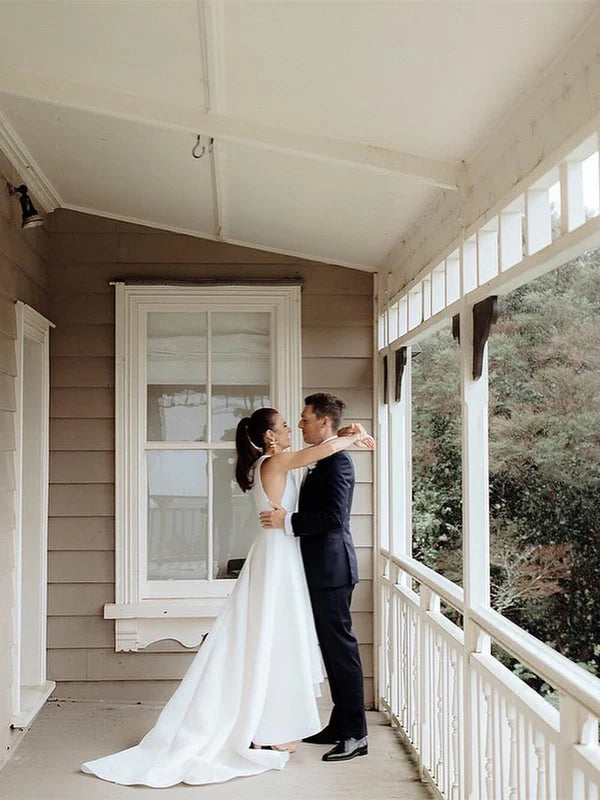 Luolandi Simple Satin Wedding Dresses A-line Long Bridal Gowns Sleeveless Solid Color Elegant