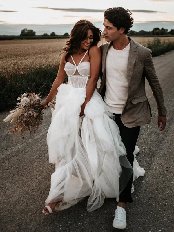 Luolandi Sexy Halter Backless Tulle Wedding Dresses A-line Bridal Gowns Floor Length Charming