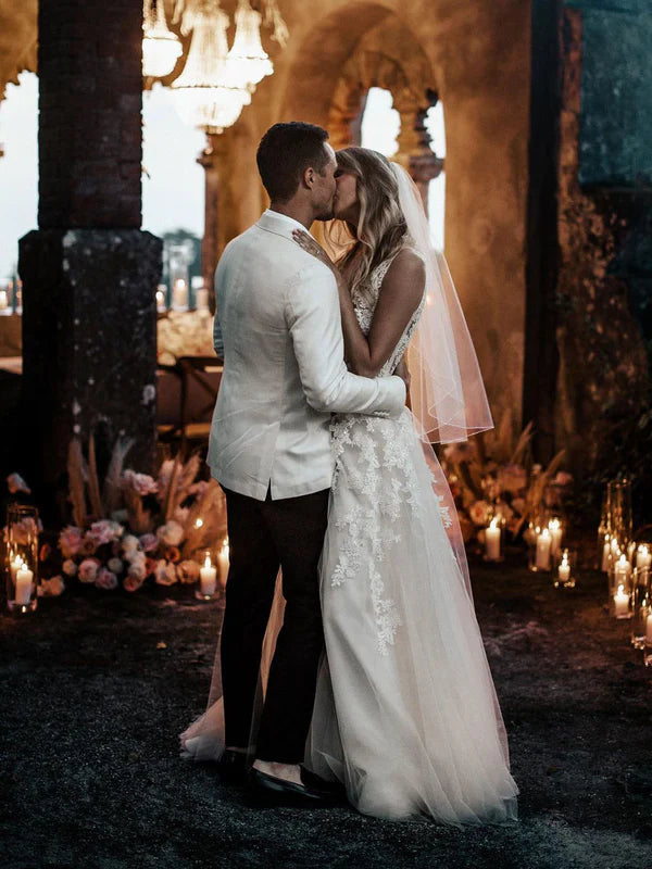 Luolandi Fabulous Tulle V-neck A-line Sweep Train Wedding Gowns With Beaded Elegant