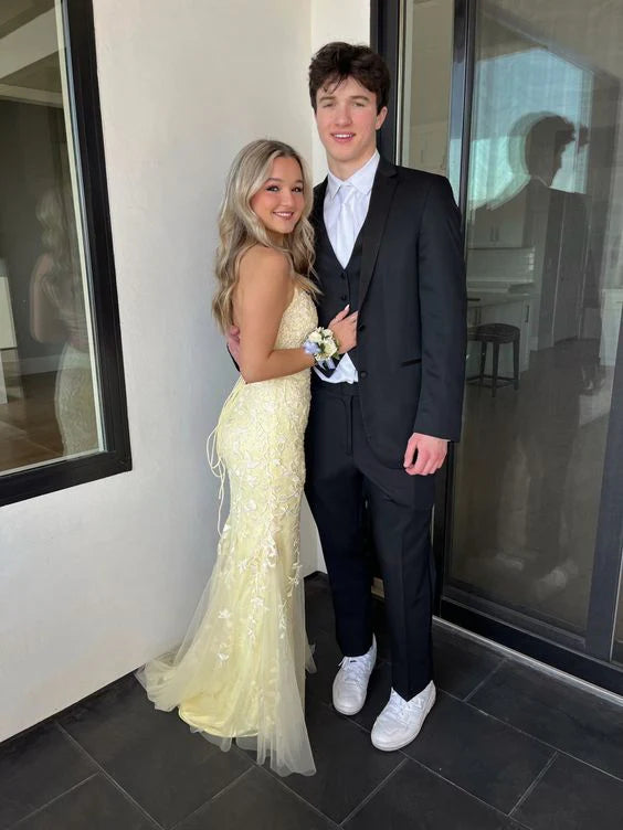 Luolandi Light Yellow Tulle Appliques Mermaid Long Prom Gown Graduation Dress Beautiful