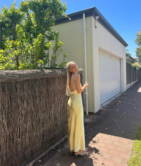 Luolandi Light Yellow V Neck Halter Long Party Dress Wedding Guest Dress Simple Sexy Formal Dress