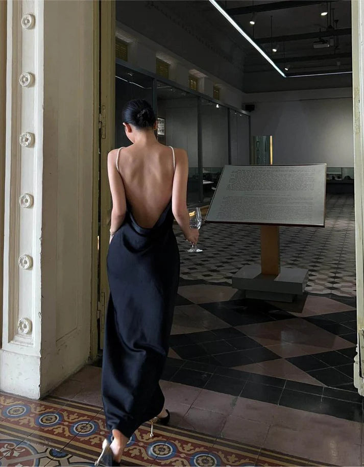 Luolandi Black Halter Backless Sexy Satin Long Evening Dress Elegant Party Dress Formal Dress