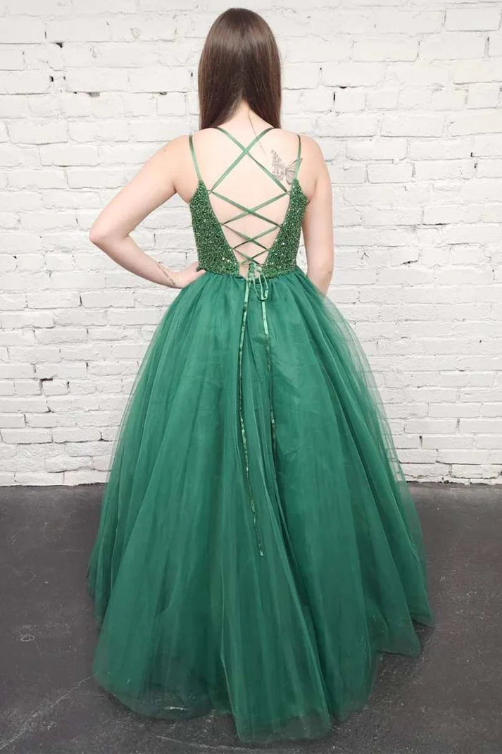 Luolandi Green Tulle Sequin Lace-Up Back A-Line Prom Gown Floor Length Charming Evening Dress