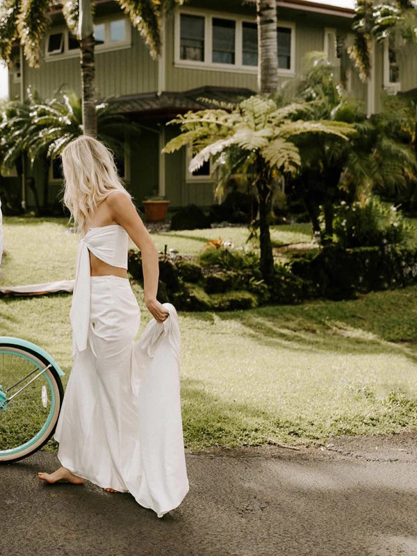 Luolandi Sexy Satin Two-pieces A-line Straight Sleeveless High-Waist Strapless Sweep Train Wedding Dresses Simple