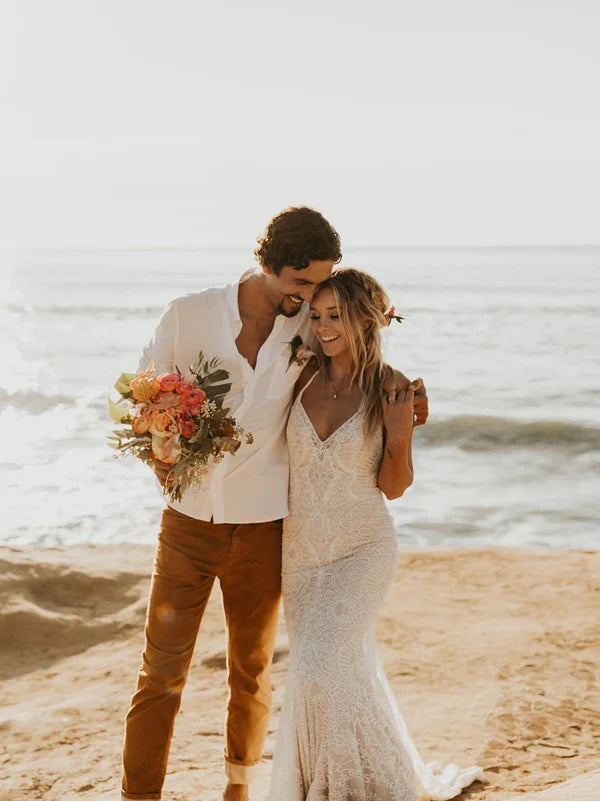 Luolandi Elegant Lace Halter Backless V-Neck Floor-length Mermaid Wedding Dress Charming