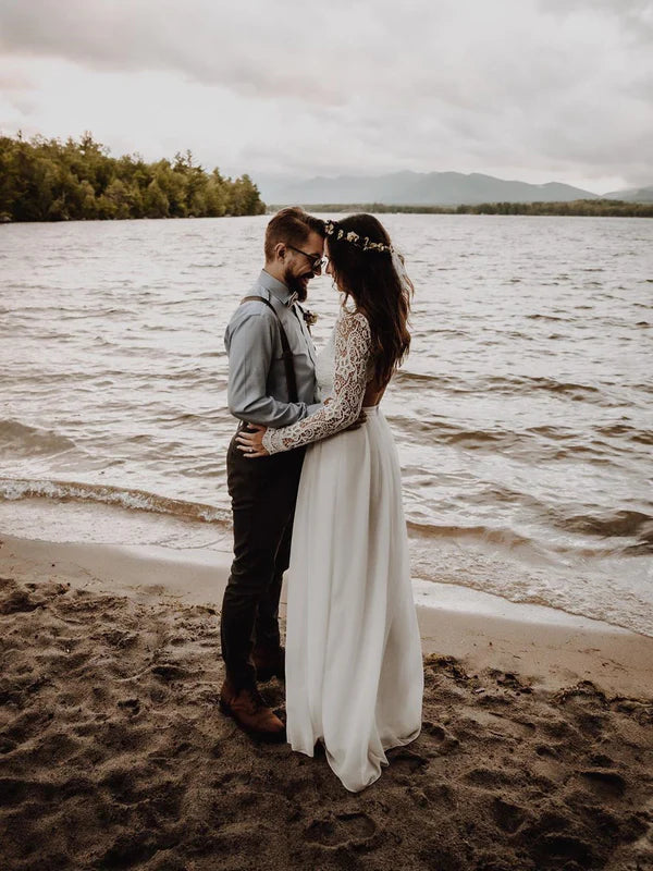 Luolandi Pure Chiffon & Lace V-neck Neckline Long Sleeves A-line Wedding Dresses Elegant