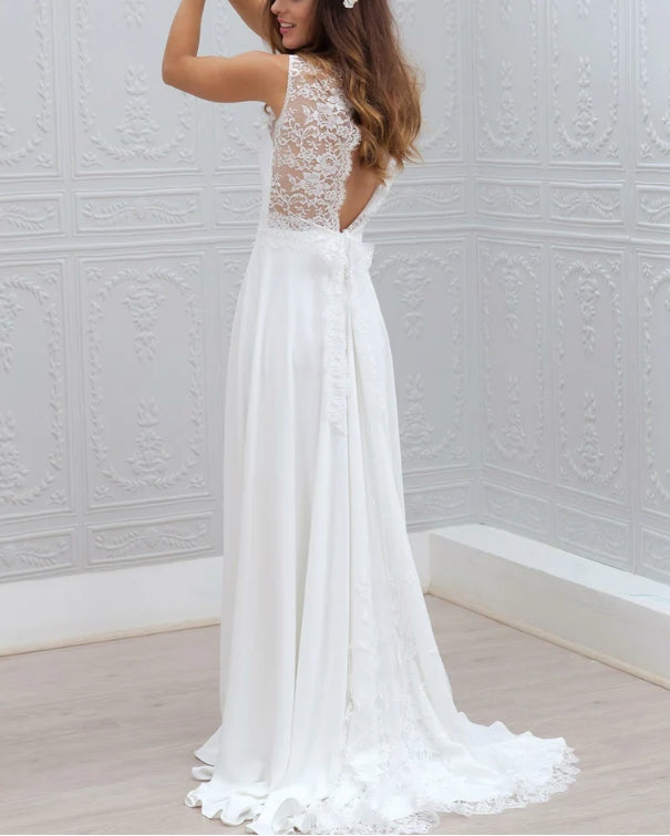 Luolandi Simple Chiffon V-neck Neckline A-line Wedding Dresses With Appliqued Elegant Bridal Gown