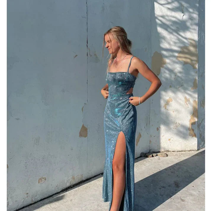 Luolandi Shiny Spaghetti Straps Backless Long Party Dress with Slit Charming Evening Dress