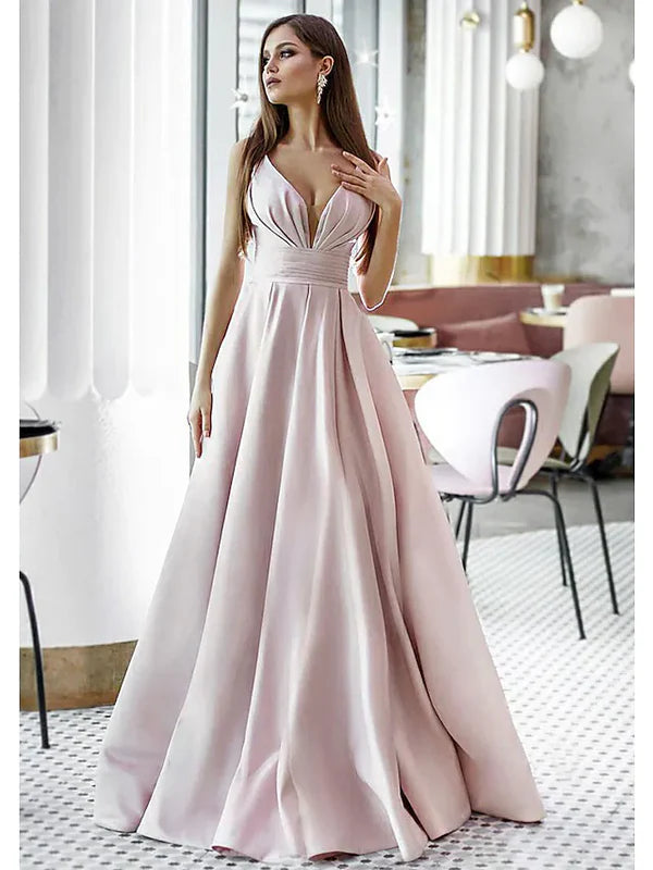 Luolandi A-Line Elegant Engagement Formal Evening Dress V Neck Sleeveless Sweep Brush Train Satin with Pleats Sexy
