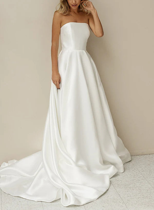 Luolandi Elegant Satin Wedding Dresses With A-Line Silhouette Strapless Design Sleeveless Style And Sweep Train Off Shoulder Simple