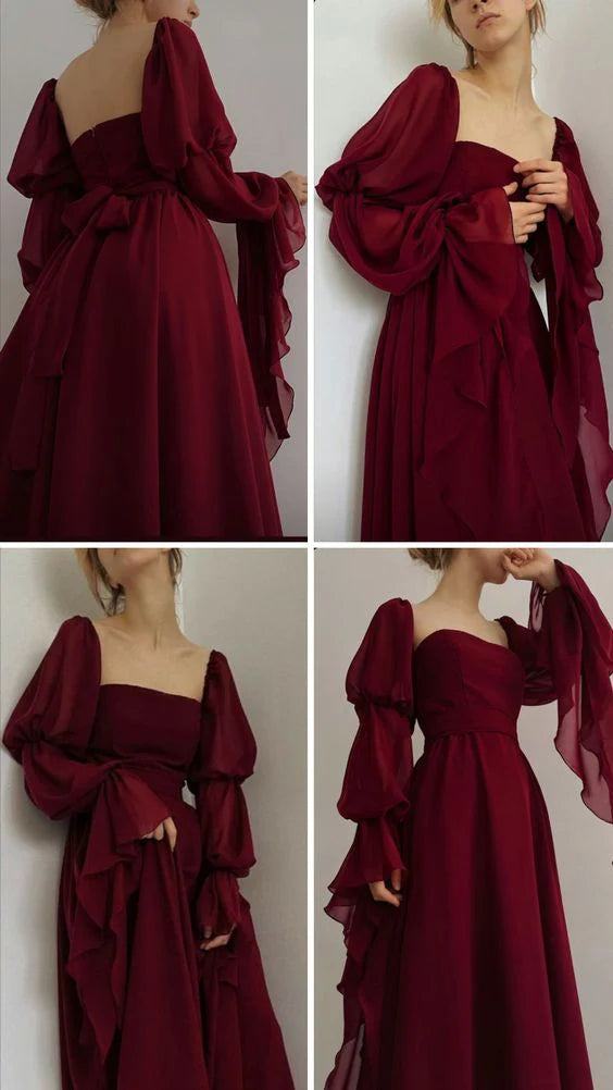 Luolandi Beautiful Vintage Romantic A-line Burgundy Prom Dress Elegant Evening Party Dress