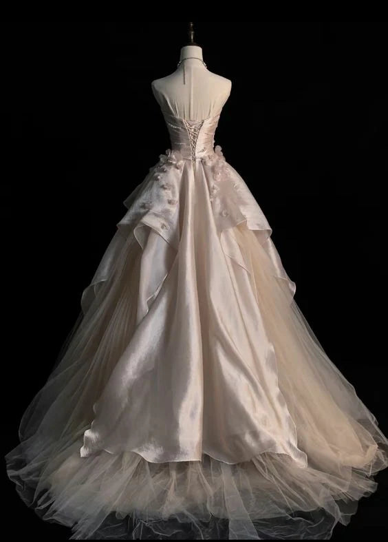 Luolandi A-Line Strapless Tulle Long Party Gown with Pearls Off Shoulder Floor Length Prom Dress